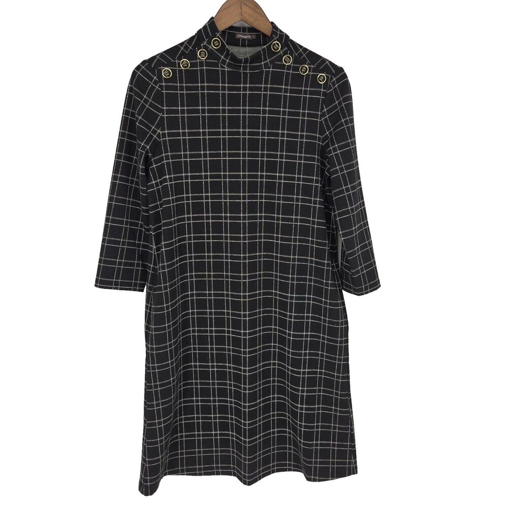 J Mclaughlin Mare Shift Dress Small Windowpane Plaid Mock neck